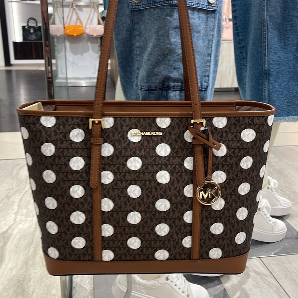 MICHAEL KORS JET SET TRAVEL LARGE TZ SHOULDER TOTE BAG MK BROWN DOTS CARRYALL - Picture 9 of 16